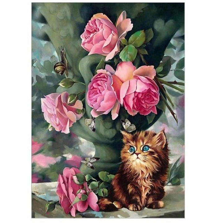 Full Drill - 5D Diamond Painting Kits Roses With Cat - 4