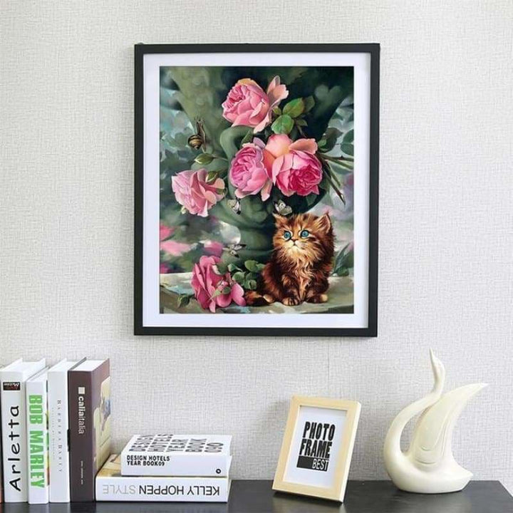 Full Drill - 5D Diamond Painting Kits Roses With Cat - 4