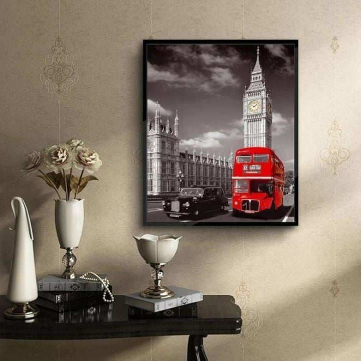 Full Drill - 5D DIY Diamond Painting Kits Grey Sky Red Bus -