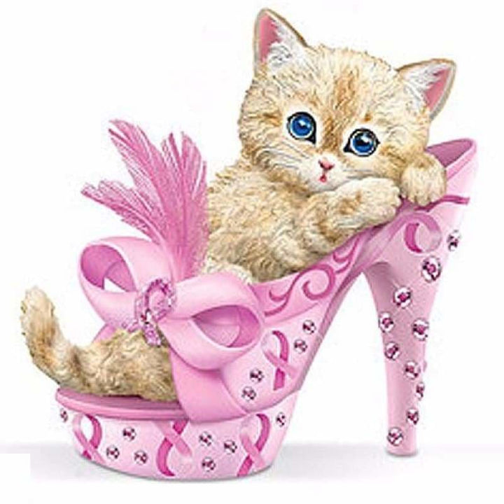 Full Drill - 5D DIY Diamond Painting Kits Limited Cute Kitten Pinkl High-heeled Shoes - NEEDLEWORK KITS