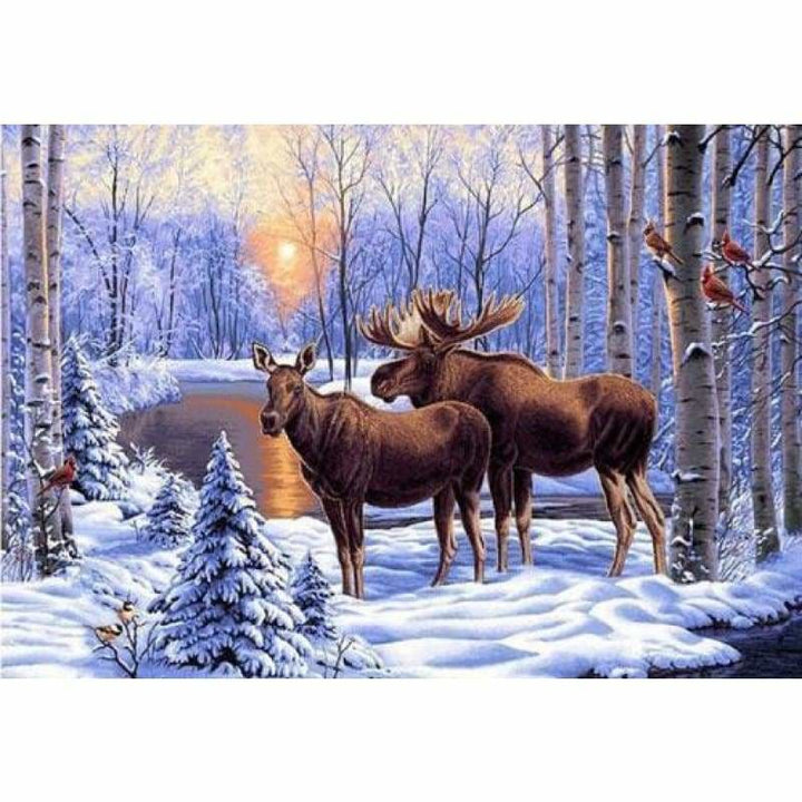 Full Drill - 5D DIY Diamond Painting Kits Sunset Snow Deer -