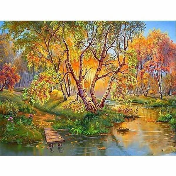 Landscape Autumn Tree Lake Pattern Diy Full Drill - 5D 